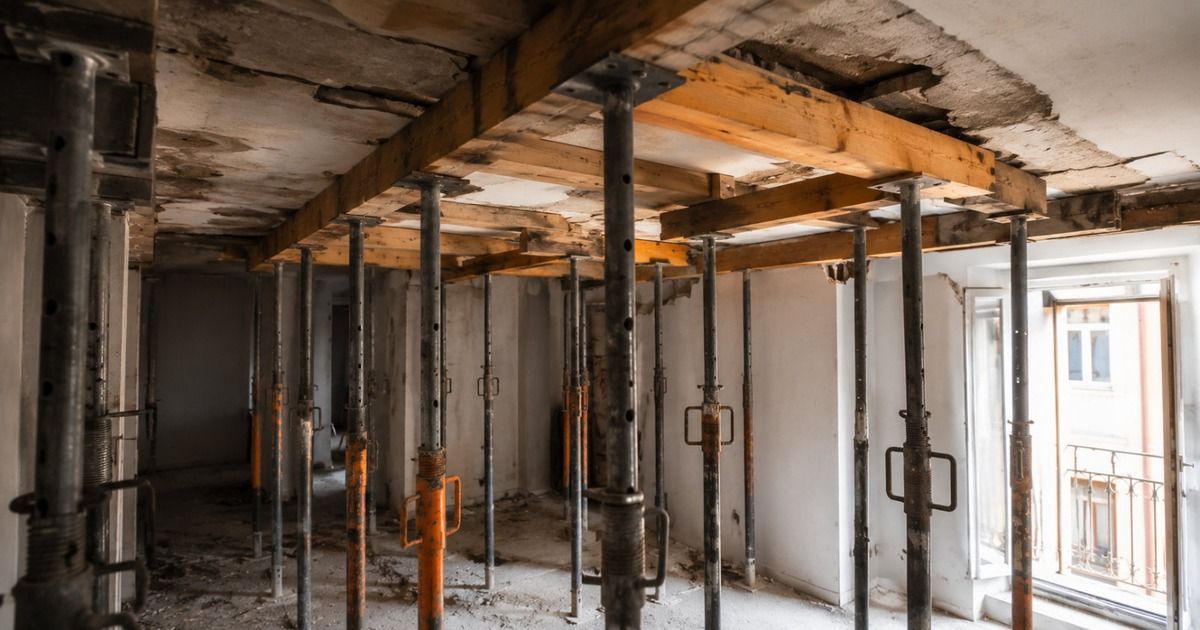 Apuntalamiento de emergencia con puntales metálicos en el interior de una vivienda