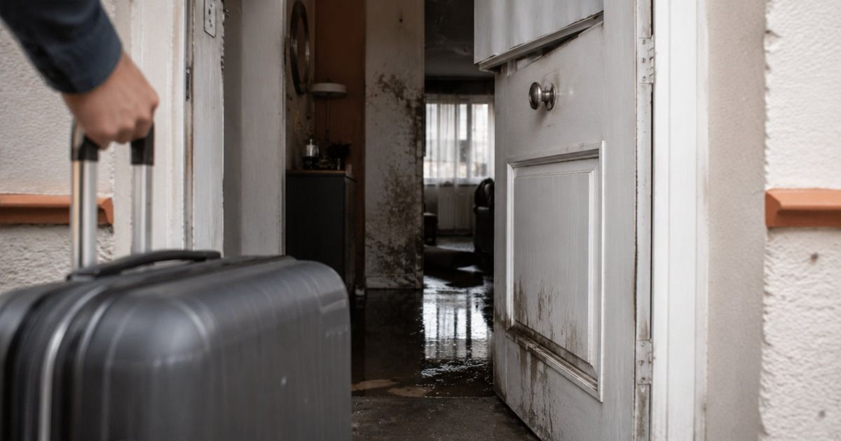 Persona con maleta ante la puerta de una vivienda inundada al volver de vacaciones