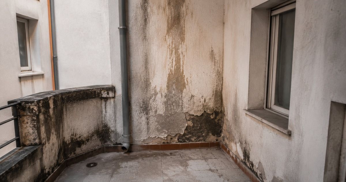 Patio interior de una comunidad de propietarios con humedades y desconchones por filtración de agua