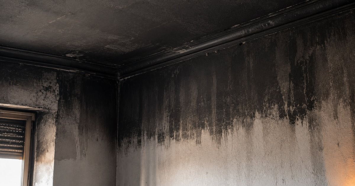 Pared y techo de vivienda cubiertos de hollín tras un incendio doméstico