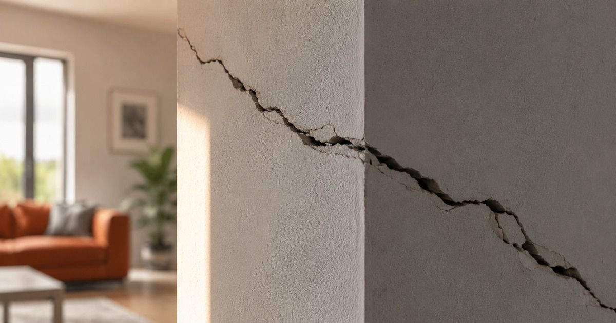 Grieta diagonal marcada en la pared interior de una vivienda tras un siniestro