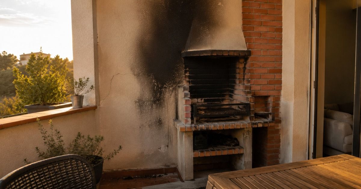 Barbacoa de obra en una terraza con la pared ennegrecida por el humo