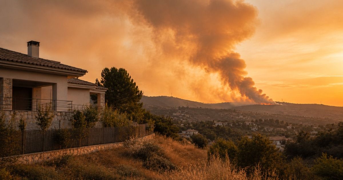 Vivienda unifamiliar con una columna de humo de incendio forestal avanzando por la ladera al fondo
