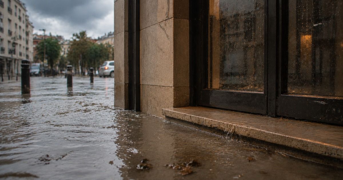 Calle y portal de vivienda con agua acumulada tras una tormenta de verano