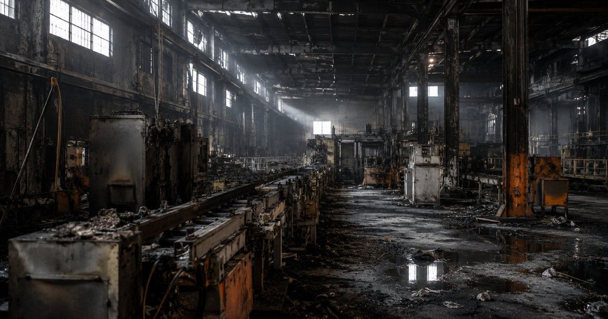 Nave industrial con daños por incendio y actividad detenida