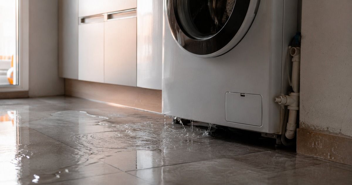 Lavadora con fuga de agua inundando el suelo de una cocina